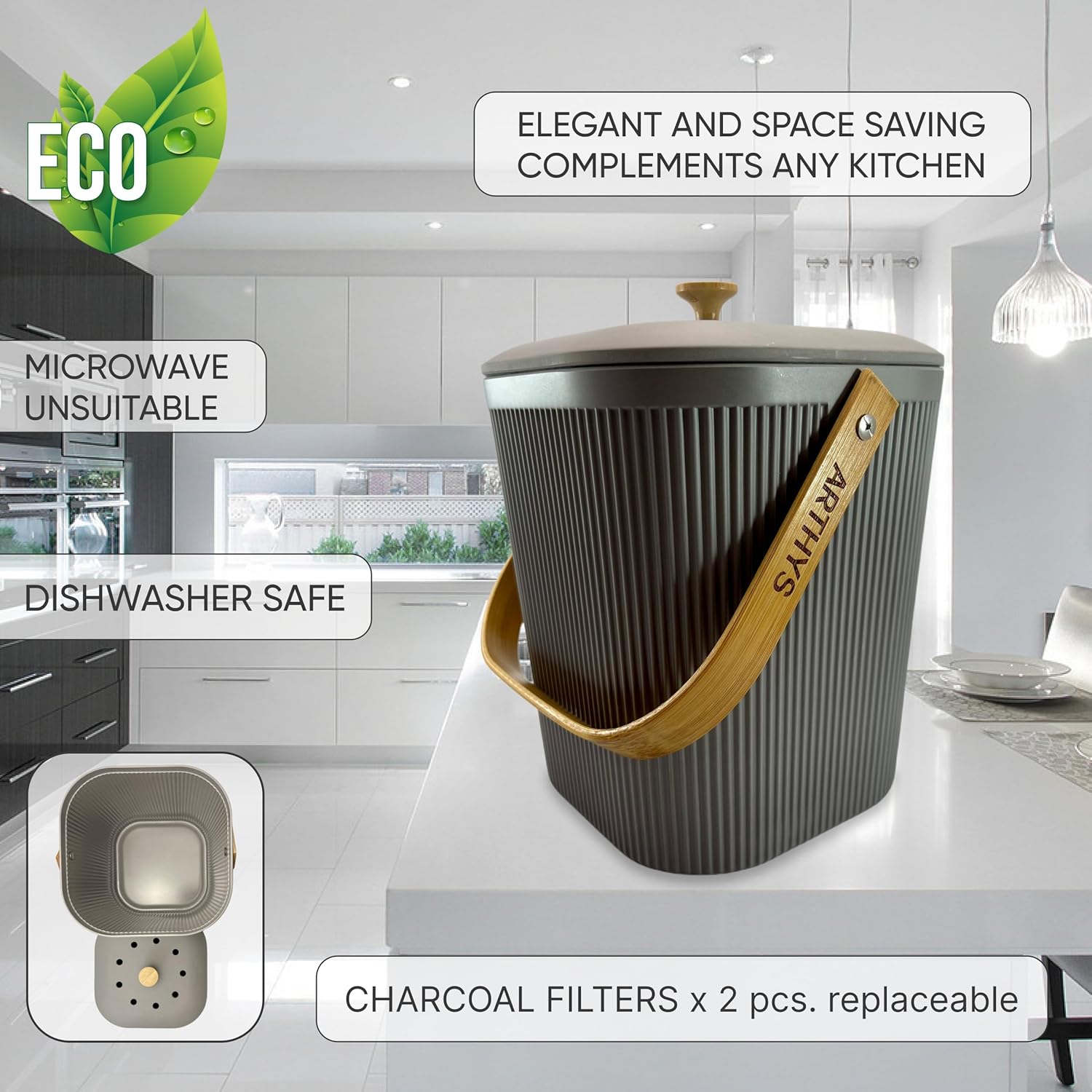 Contenedor de compost de cocina con filtros de carbón, compostador de alimentos sostenible de fibra de bambú para encimera, cubo de compostaje para