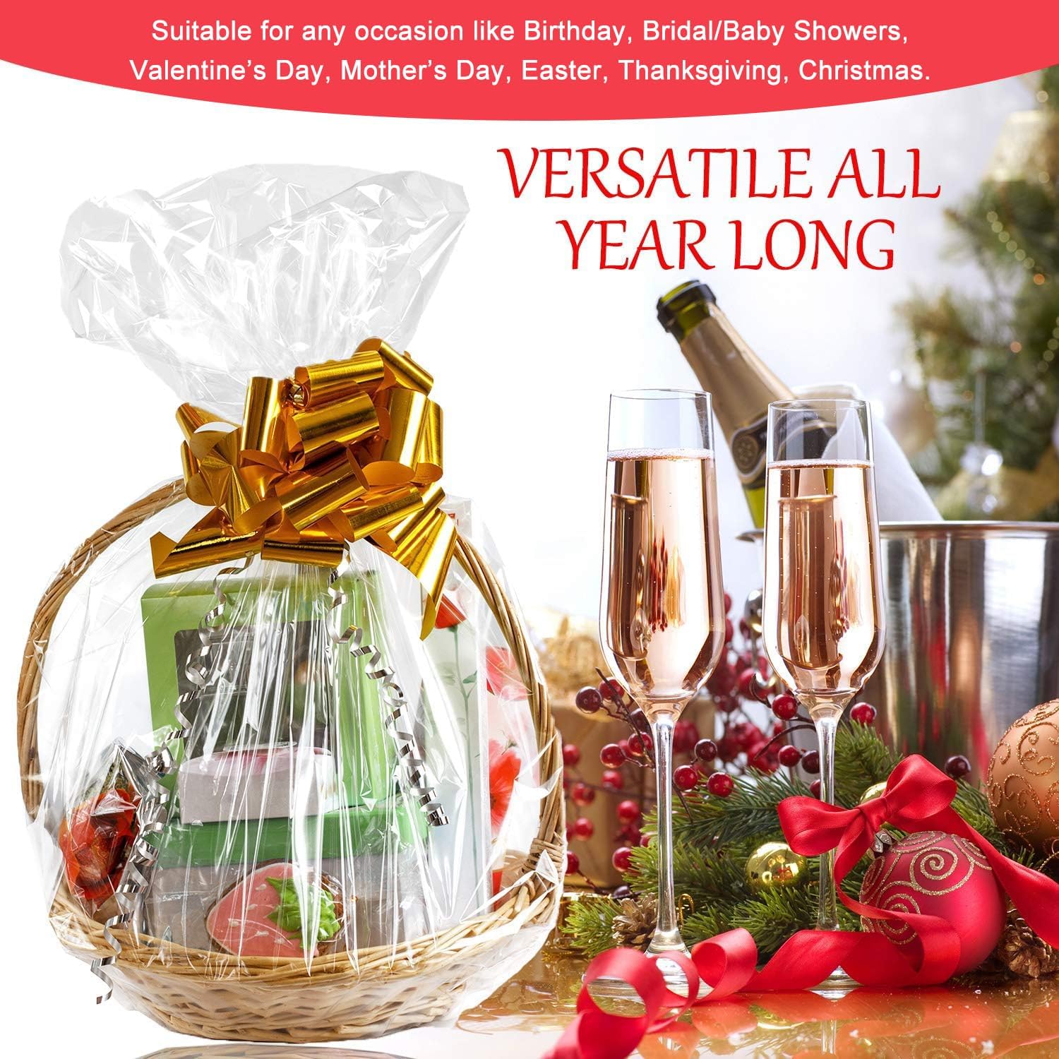 Morepack Bolsas retráctiles grandes para cestas de regalo, bolsas termorretráctiles de PVC transparente de 30 x 30 pulgadas, envoltura de celofán