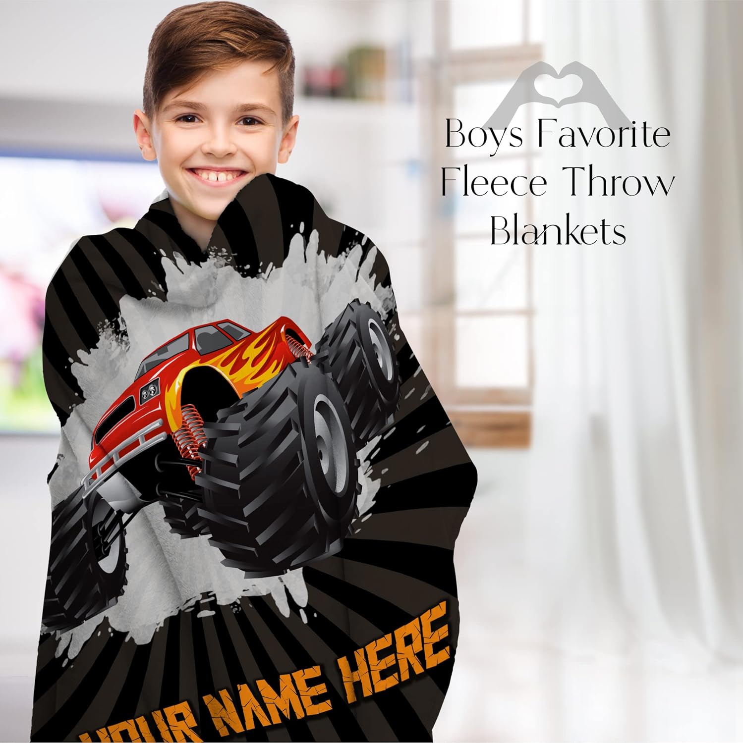 Camión monstruo personalizado para niños, bonita manta con nombre personalizado para niños, gráfico grande de vehículos todoterreno, suave y