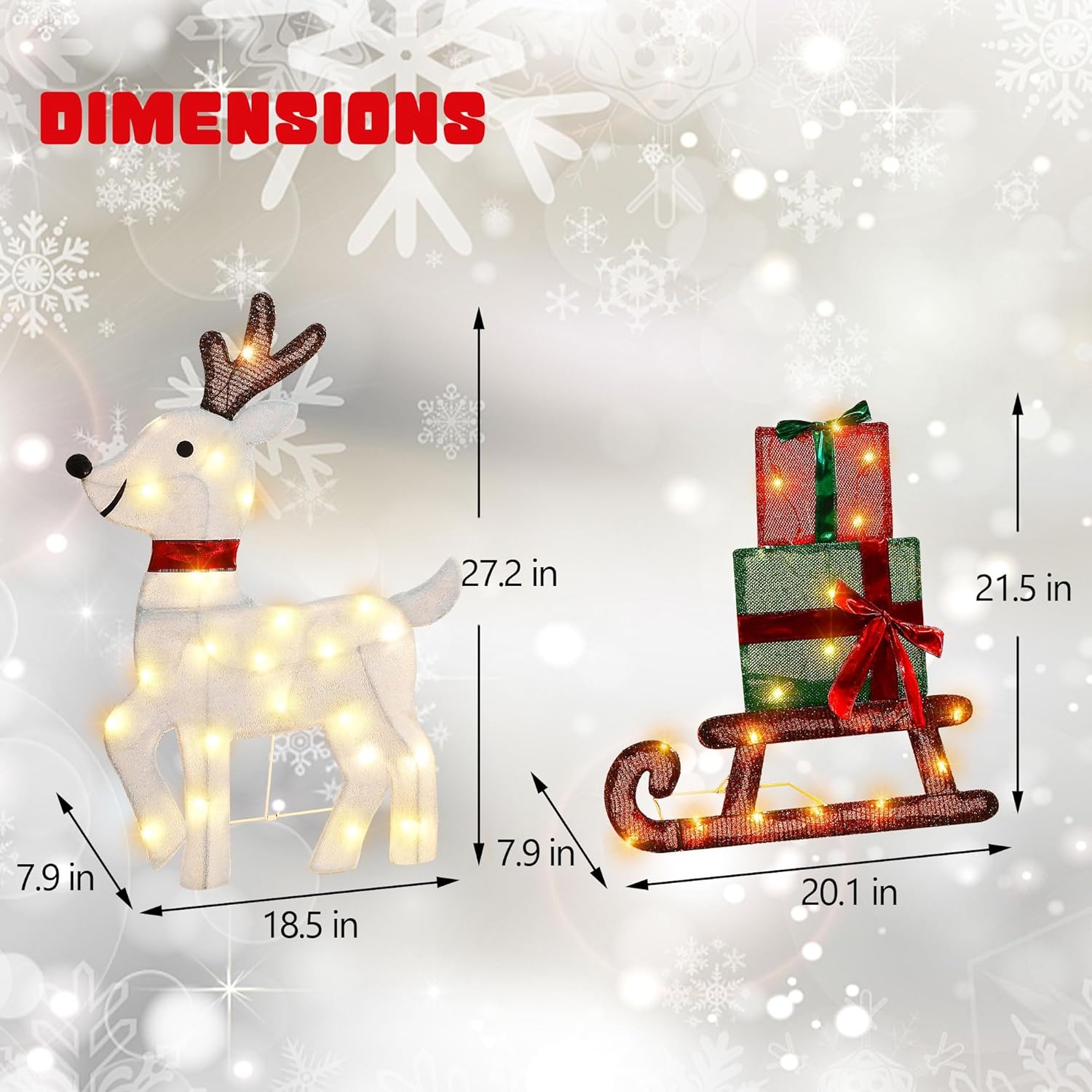 Joliyoou Decoración de Navidad 2D para patio, juego de 3 renos preiluminados con 60 luces LED blancas cálidas para puerta delantera de Navidad,