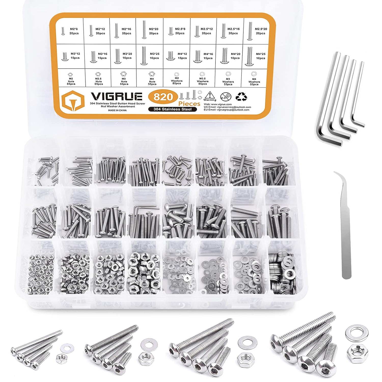 VIGRUE Juego de 820 tornillos de cabeza de botón M4 M3 M2.5 M2, tornillos, tuercas, arandelas, kit surtido de tornillos métricos de acero inoxidable