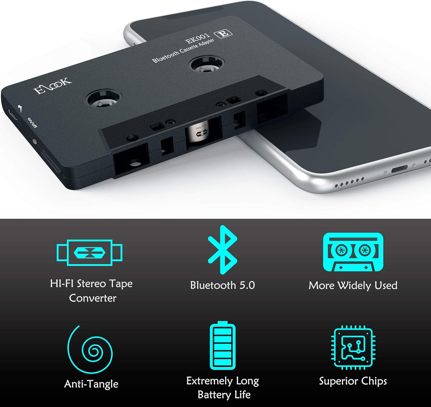 Elook Receptor de audio del coche, reproductor de adaptador auxiliar de la cinta del receptor del casete de Bluetooth con Bluetooth 5.0