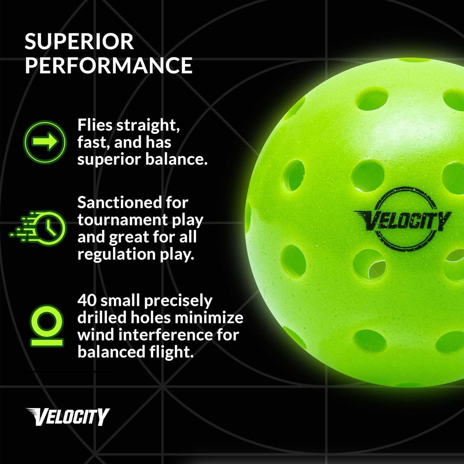 Velocity Pickleballs de primera calidad – Certificado USAPA  Diseño de 40 agujeros para un máximo rendimiento al aire libre  Tamaño y peso oficiales