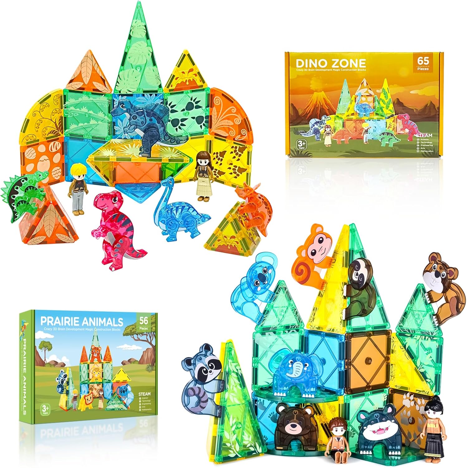 Asago Juego de azulejos magnéticos de dinosaurio con juego de animales de safari, juguetes de bloques de construcción magnéticos para niños pequeños