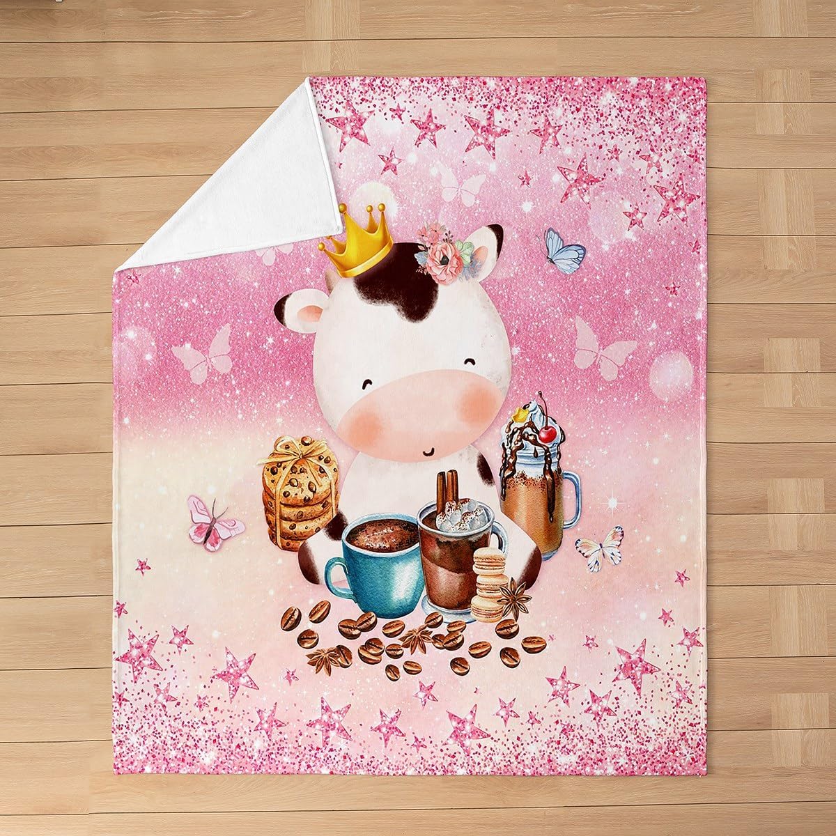 Bonita manta de franela con diseño de vaca de 40 x 50 pulgadas, con purpurina y estrellas rosadas y mariposas salvajes, para niños, niñas y