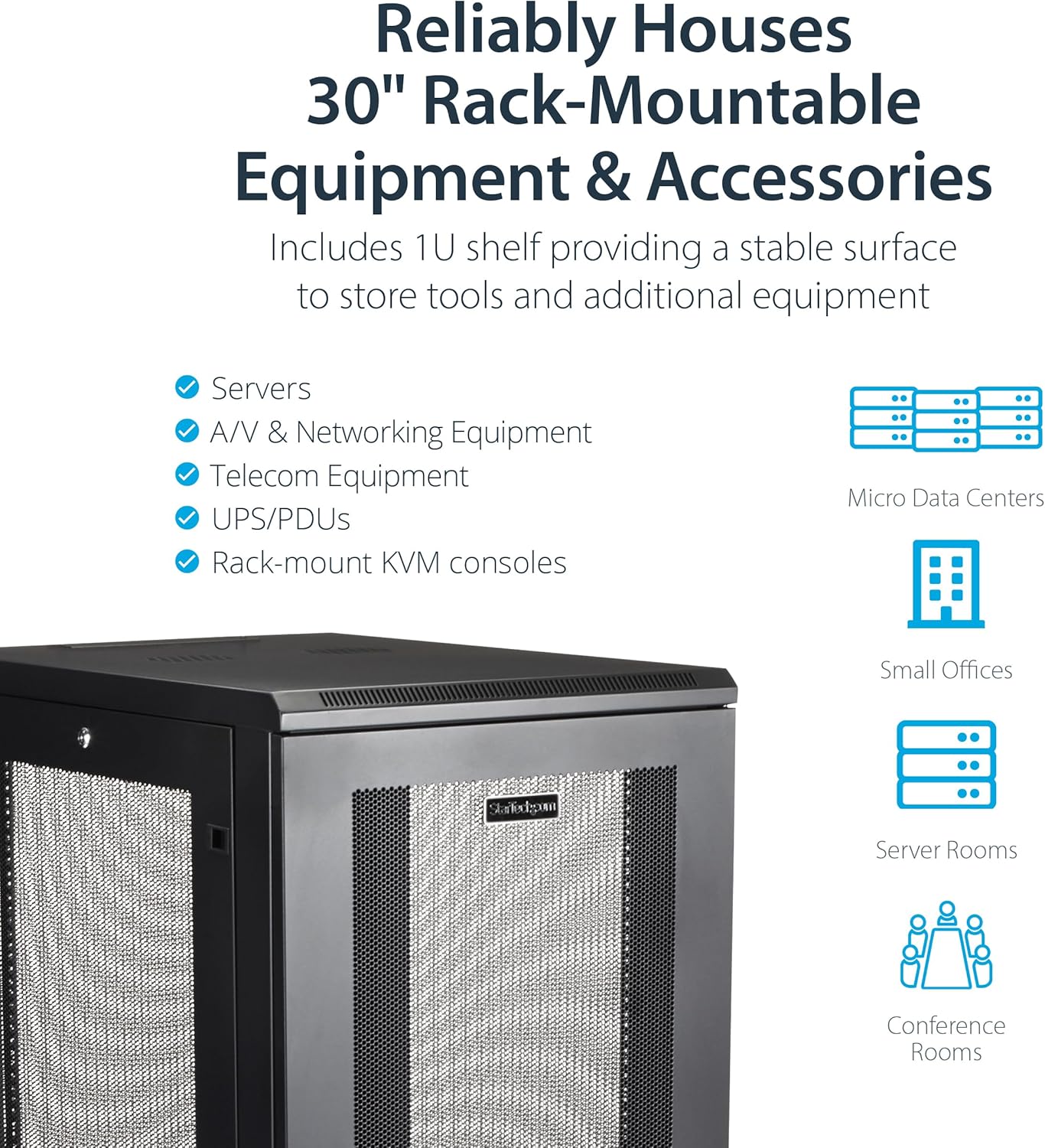 StarTech.com Gabinete para rack de servidores de 4 postes de 24U, gabinete de rack de datos de 19″ para equipos de TI  red, con rieles de montaje