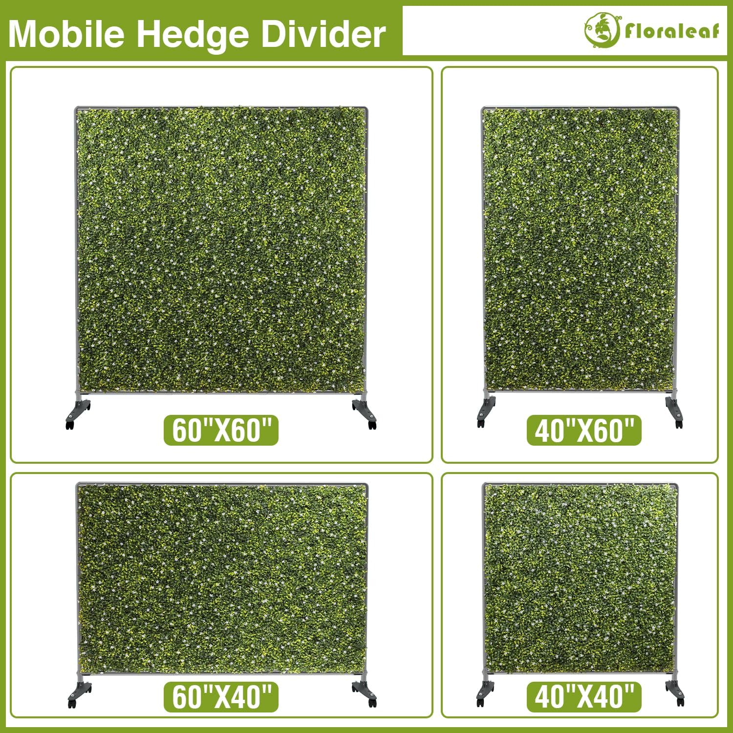 Seto de plantas artificiales de 60 pulgadas de ancho x 40 pulgadas de alto, divisor de habitación con ruedas, panel de valla de privacidad movible,
