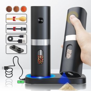 Juego de molinillo eléctrico de sal y pimienta, recargable con base recargable, 2 molinillos de grosor ajustables con cuchara, cables USB (negro Juego de molinillo eléctrico de sal y pimienta, recargable con base recargable, 2 molinillos de grosor ajustables con cuchara, cables USB (negro