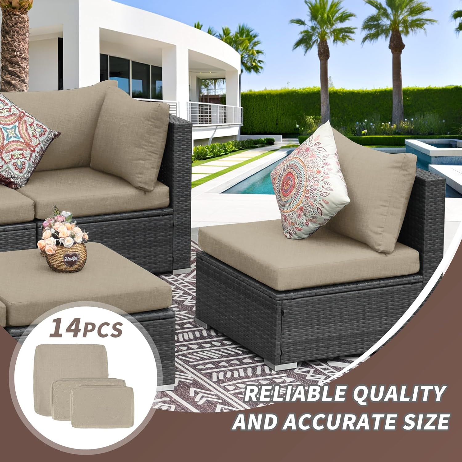 14 fundas de cojín de repuesto para muebles de patio al aire libre, color beige, con cremallera, fundas de cojín de patio de 27 x 27 pulgadas (solo