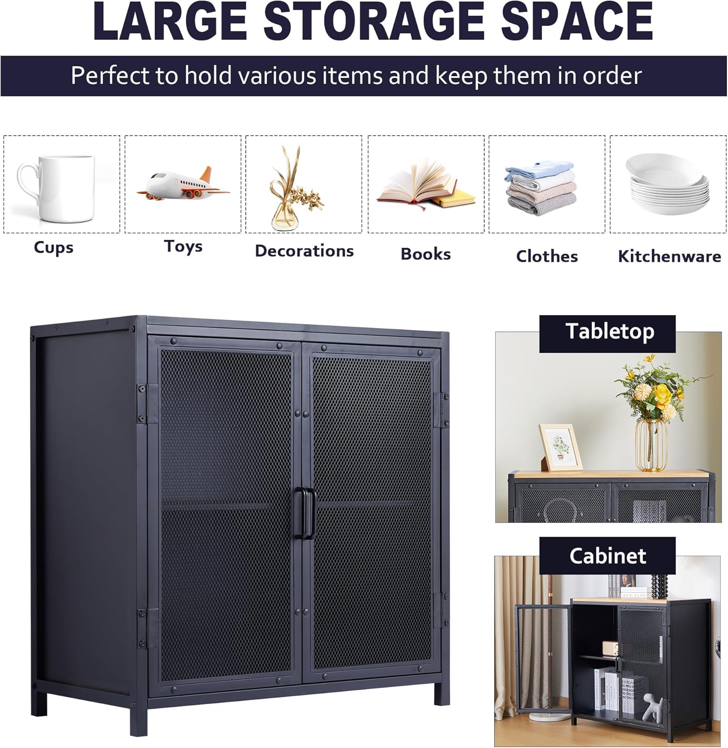 Gabinete de buffet, gabinete de almacenamiento de buffet moderno con puertas de rejilla de hierro y escritorio de madera, aparador independiente