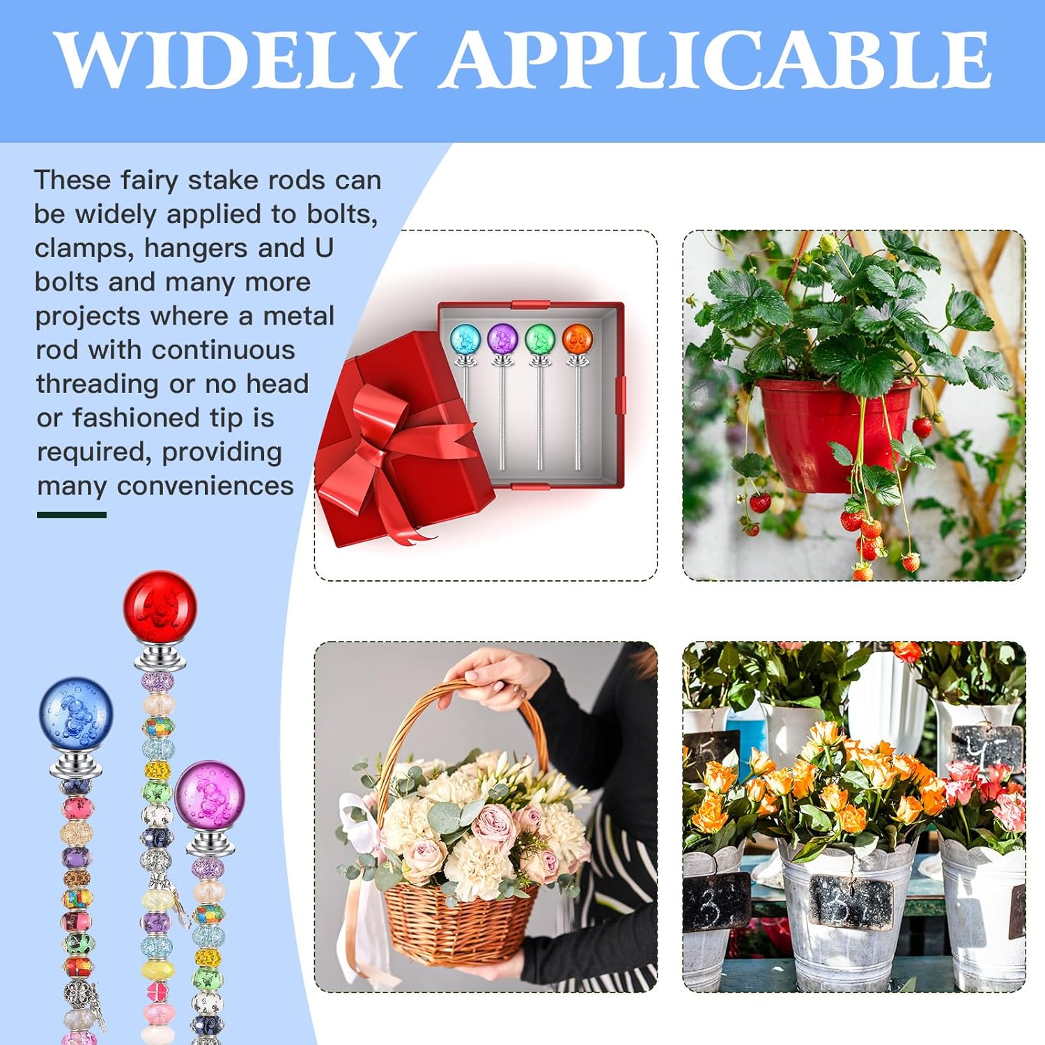 Paquete de 8 varitas de estacas de cuentas para jardín de hadas DIY incluye 8 varillas roscadas de 832 pulgadas y 12 pulgadas, 8 tuercas hexagonales