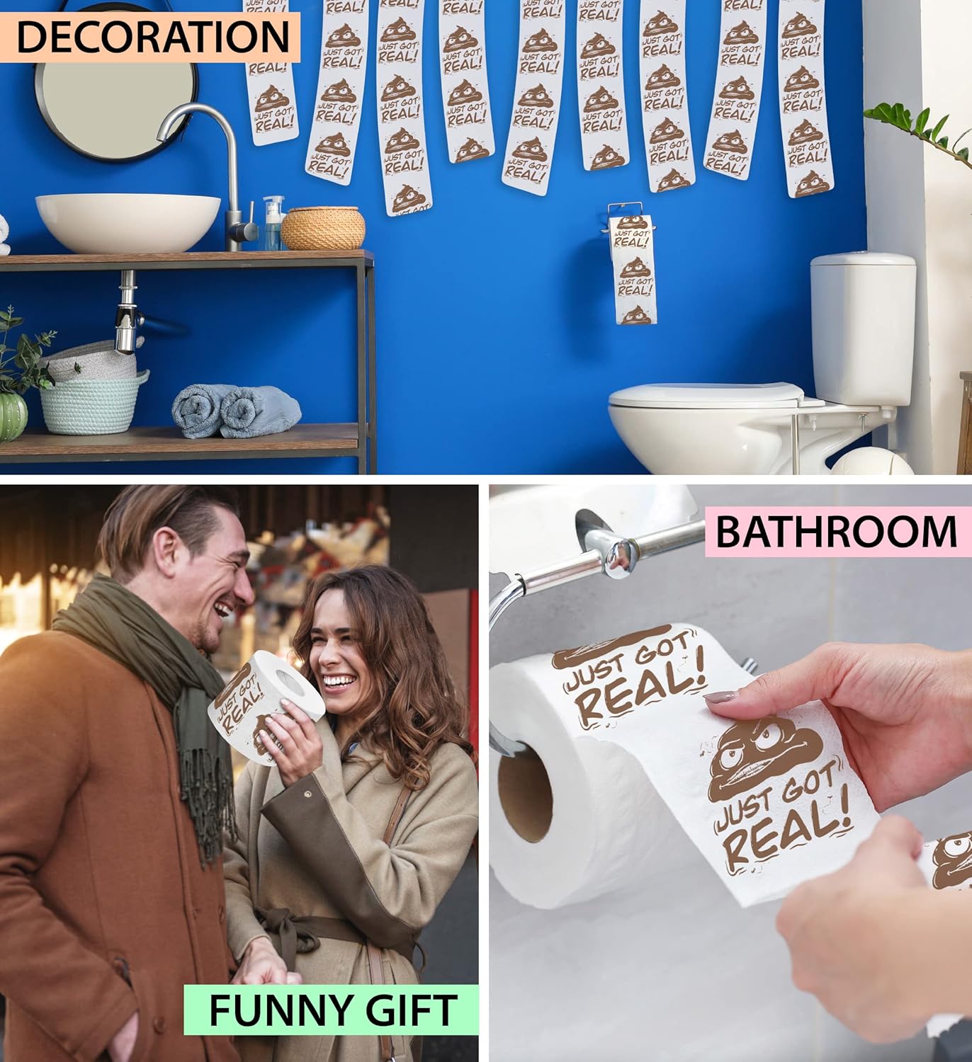 Poop Just Got Real – Papel higiénico impreso – Divertido rollo de papel higiénico para broma, sorpresa, decoración de baño, regalo novedoso para