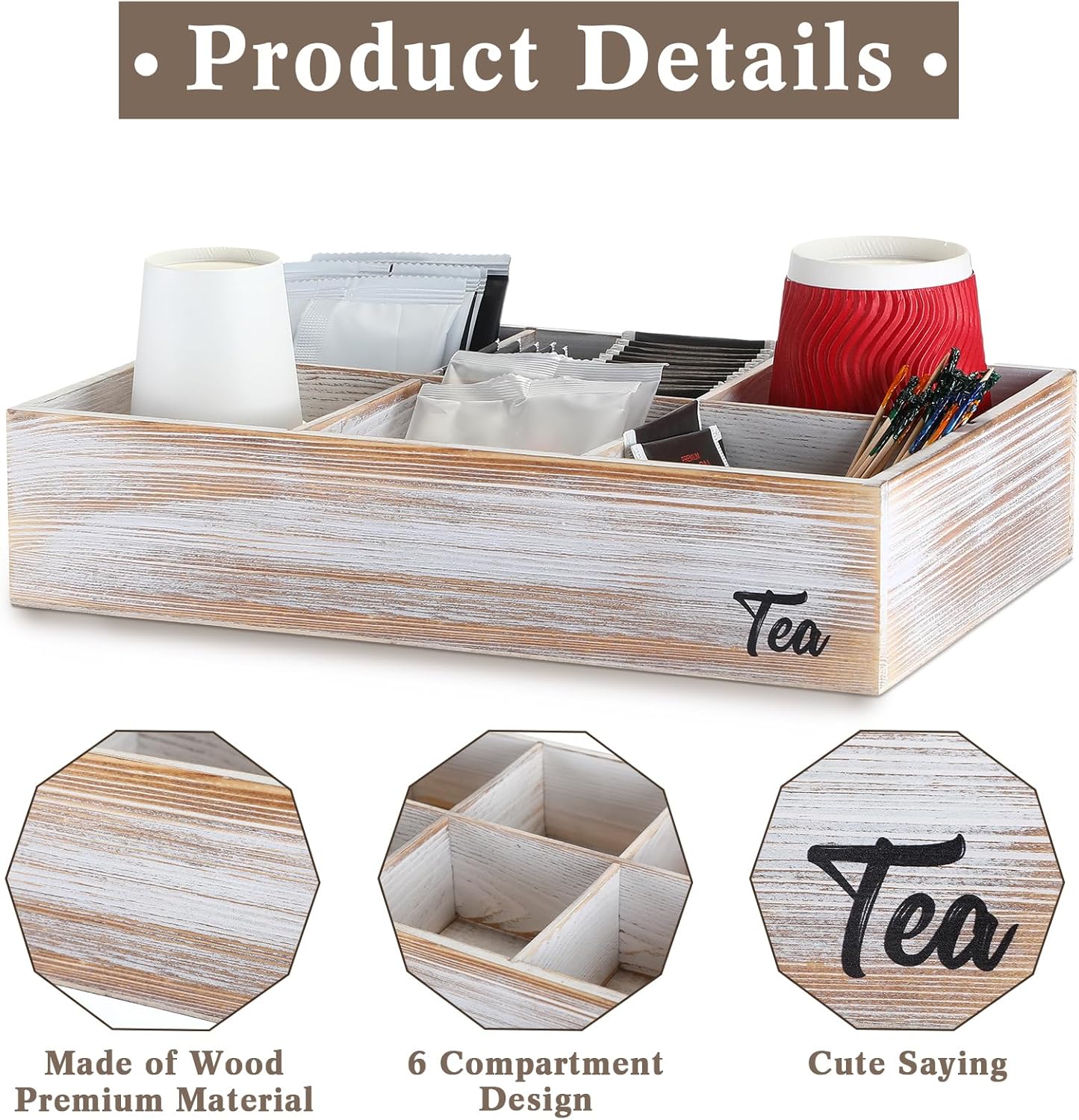 2 soportes de madera para bolsitas de té con 6 compartimentos, soporte para paquetes de azúcar de madera encalada, organizador de bolsas de té para