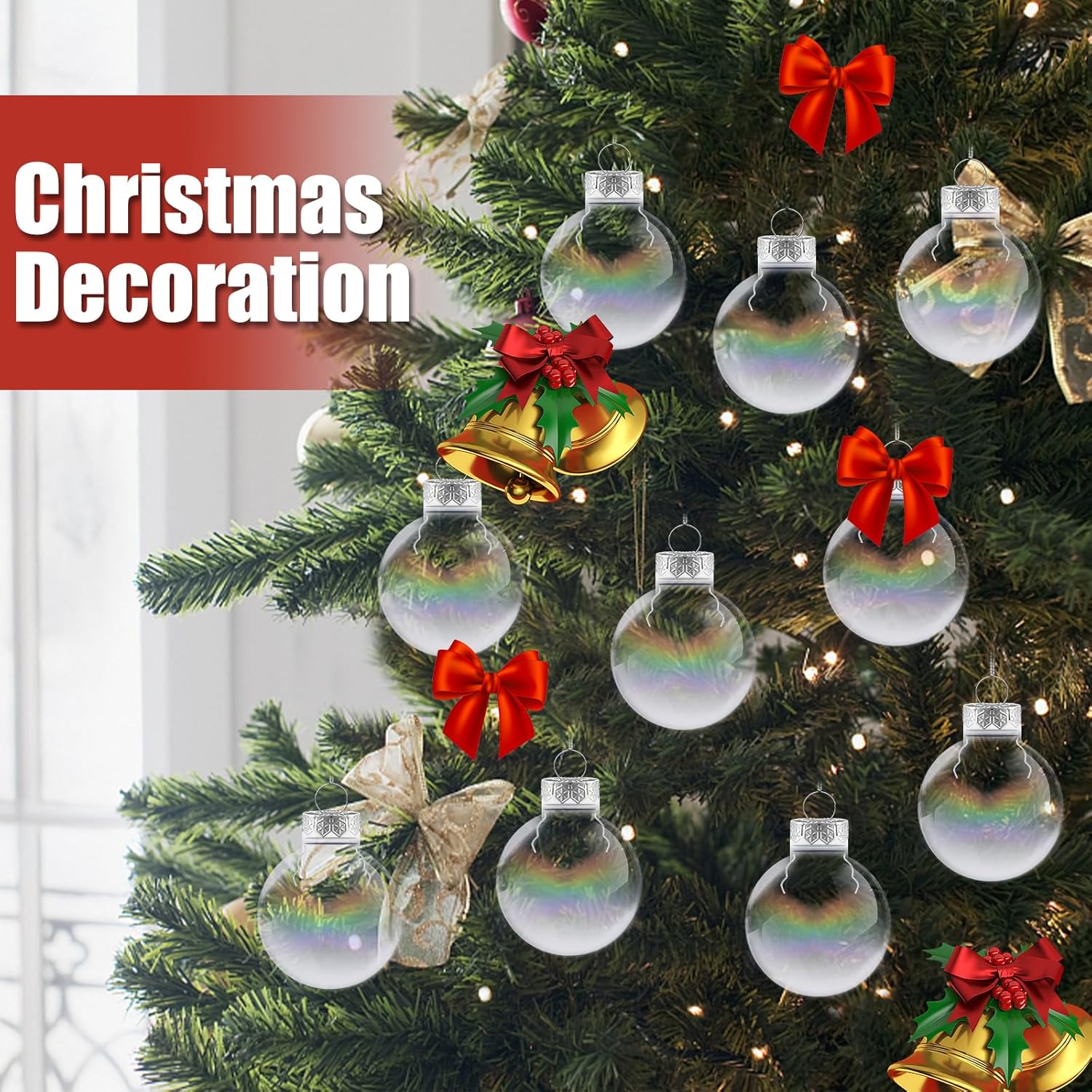 12 adornos de bolas de Navidad iridiscentes, bolas de adorno rellenables de plástico transparente de 2.36 pulgadas, bolas colgantes rellenables para