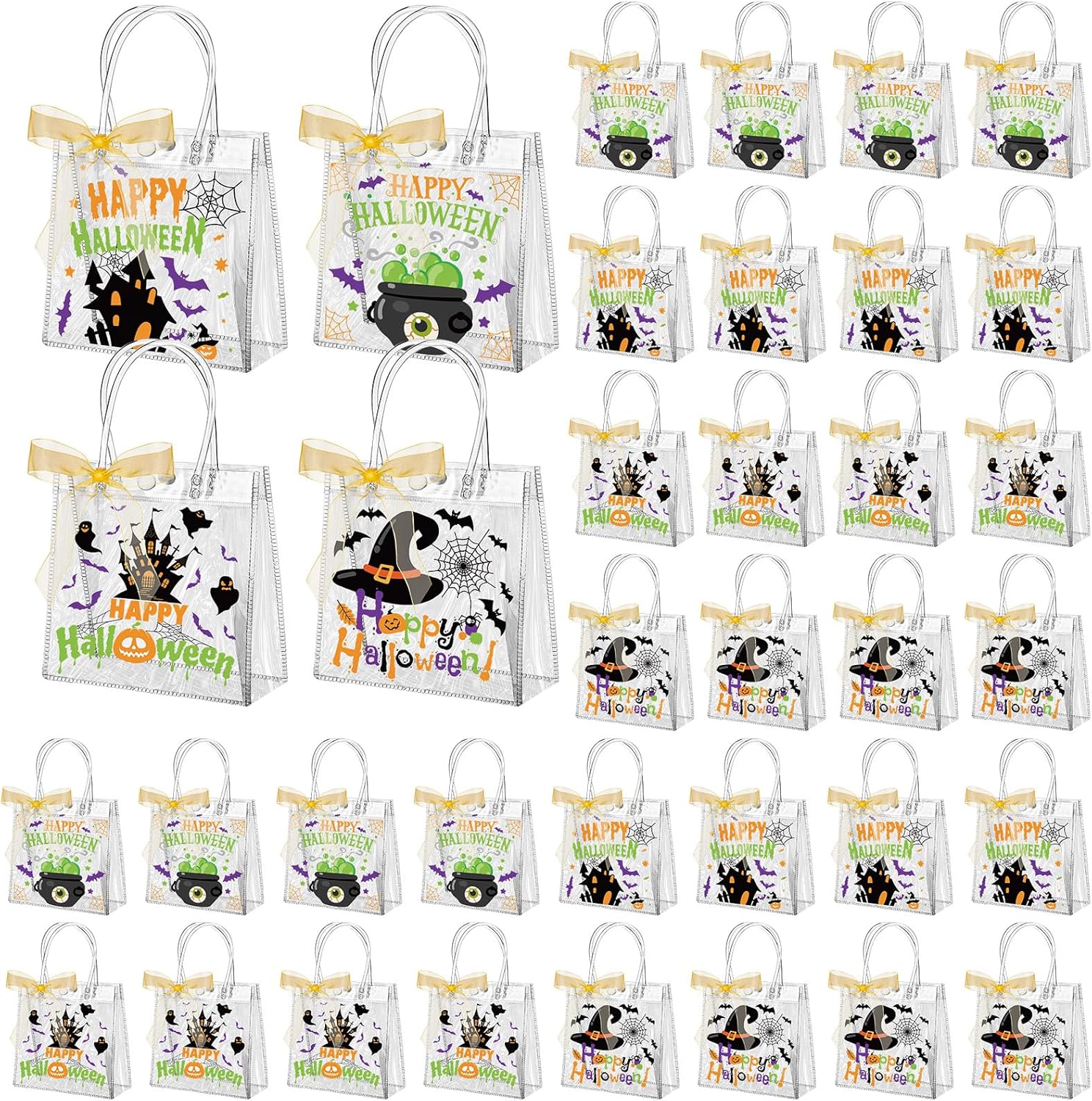 Paterr 50 bolsas de regalo transparentes de Halloween, bolsas de regalo de plástico transparente con asa, 4 estilos, bolsas de regalo de Halloween