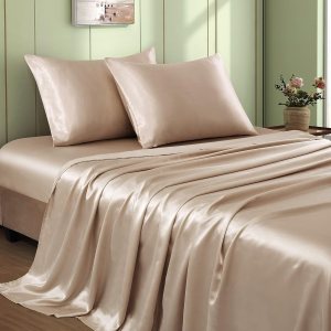 Juego de sábanas de satén beige de 4 piezas, tamaño matrimonial, juego de sábanas de satén sedoso de 15 pulgadas de profundidad de 15 pulgadas, Juego de sábanas de satén beige de 4 piezas, tamaño matrimonial, juego de sábanas de satén sedoso de 15 pulgadas de profundidad de 15 pulgadas,