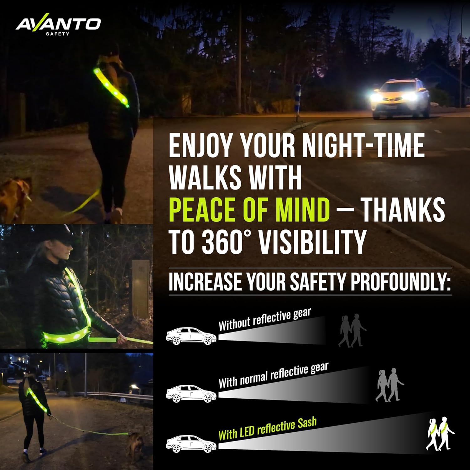 AVANTO – Banda reflectante LED, original, USB-C, chaleco reflectante para caminar, cinturón LED para pasear perros, chaleco reflectante para