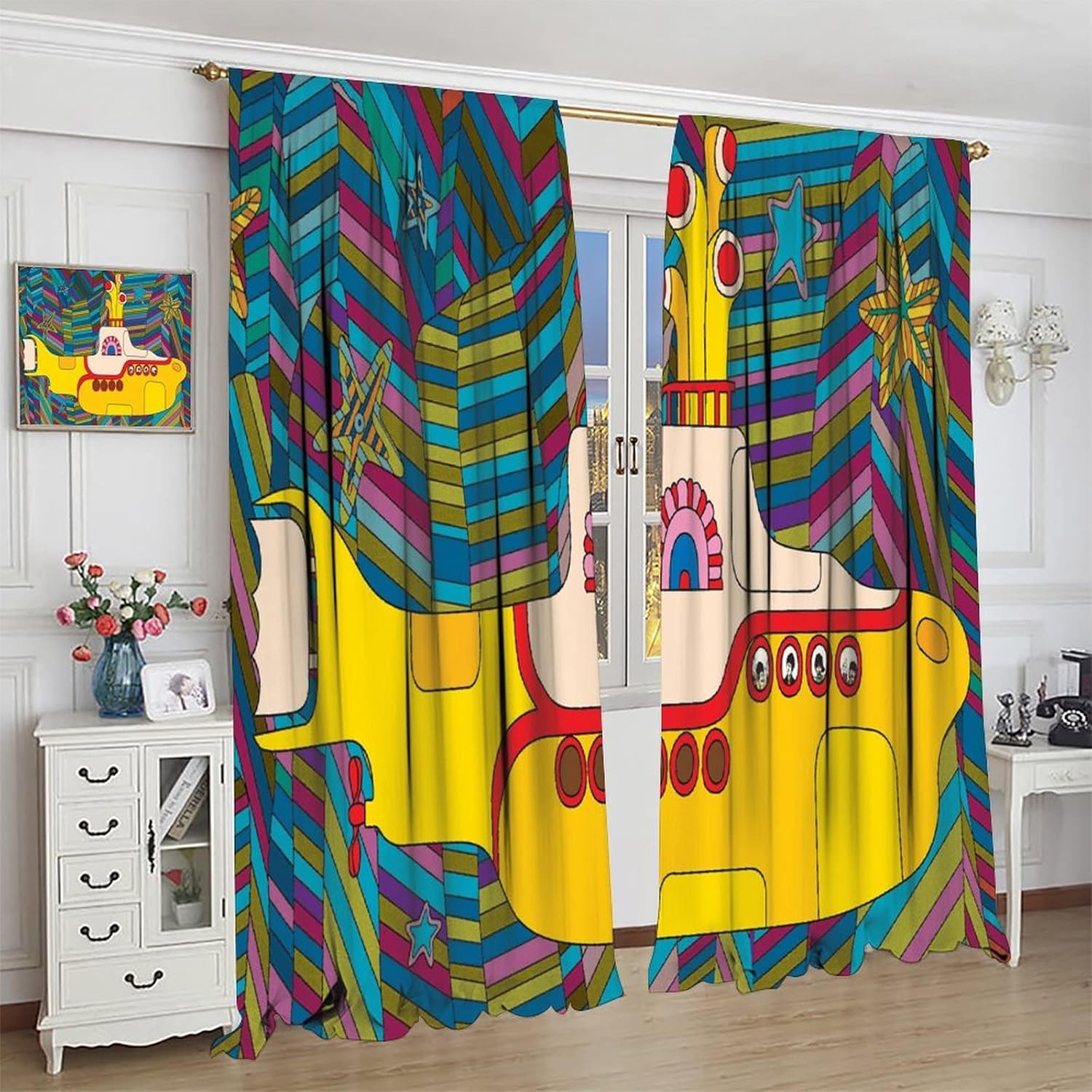 Cortina de decoración artística divertida de submarino amarillo, tela de poliéster impermeable, diseño de cortina de dormitorio, 2 paneles de 42