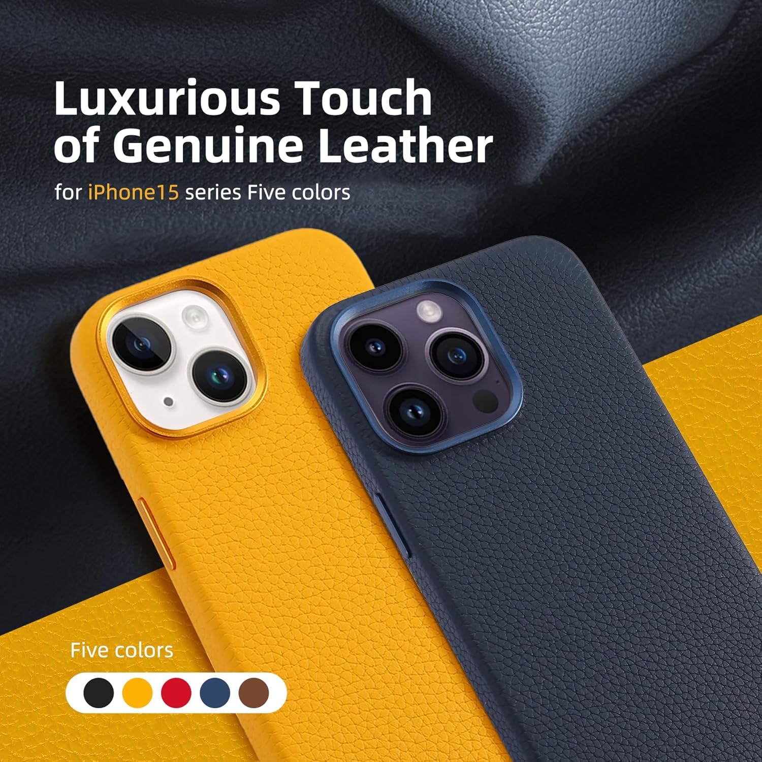 Funda de cuero genuino para iPhone 15 (6.1 pulgadas) Funda magnética de cuero de grano superior Litchi – Compatible con Magsafe – Negro