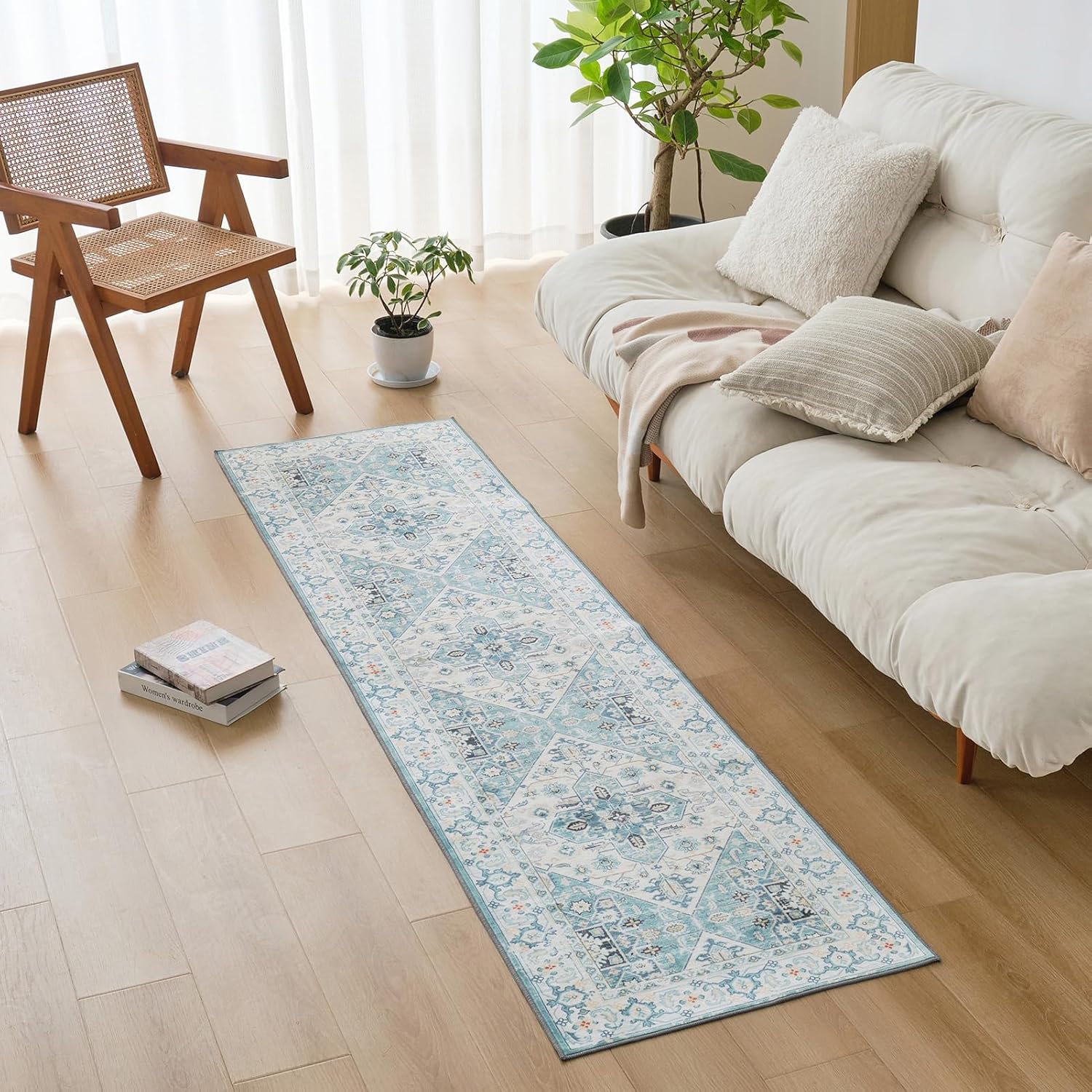 Alfombra de pasillo, alfombra larga vintage lavable de 2 x 10 pies, con parte trasera antideslizante, medallón ultrafina, no desprende pelo,