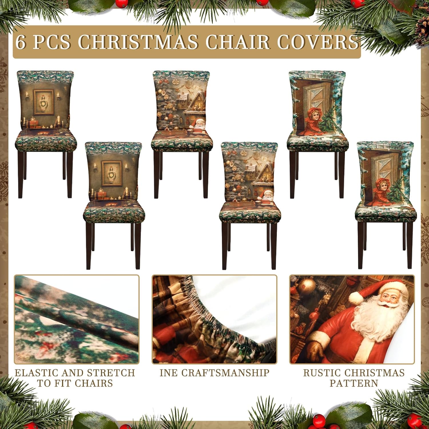 Preboun Juego de 6 fundas para sillas de Navidad, protectores de comedor de Navidad, diseño de Papá Noel, fundas extraíbles y lavables para comedor,