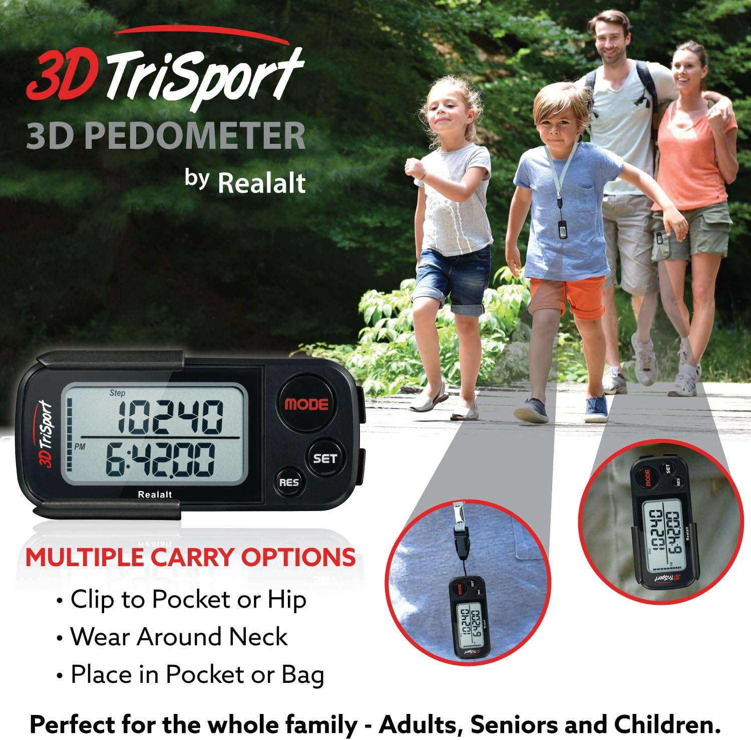 3DTriSport – Podómetro 3D para caminar con clip y correa, libro electrónico gratuito  30 días de memoria, contador de pasos preciso, distancia a pie