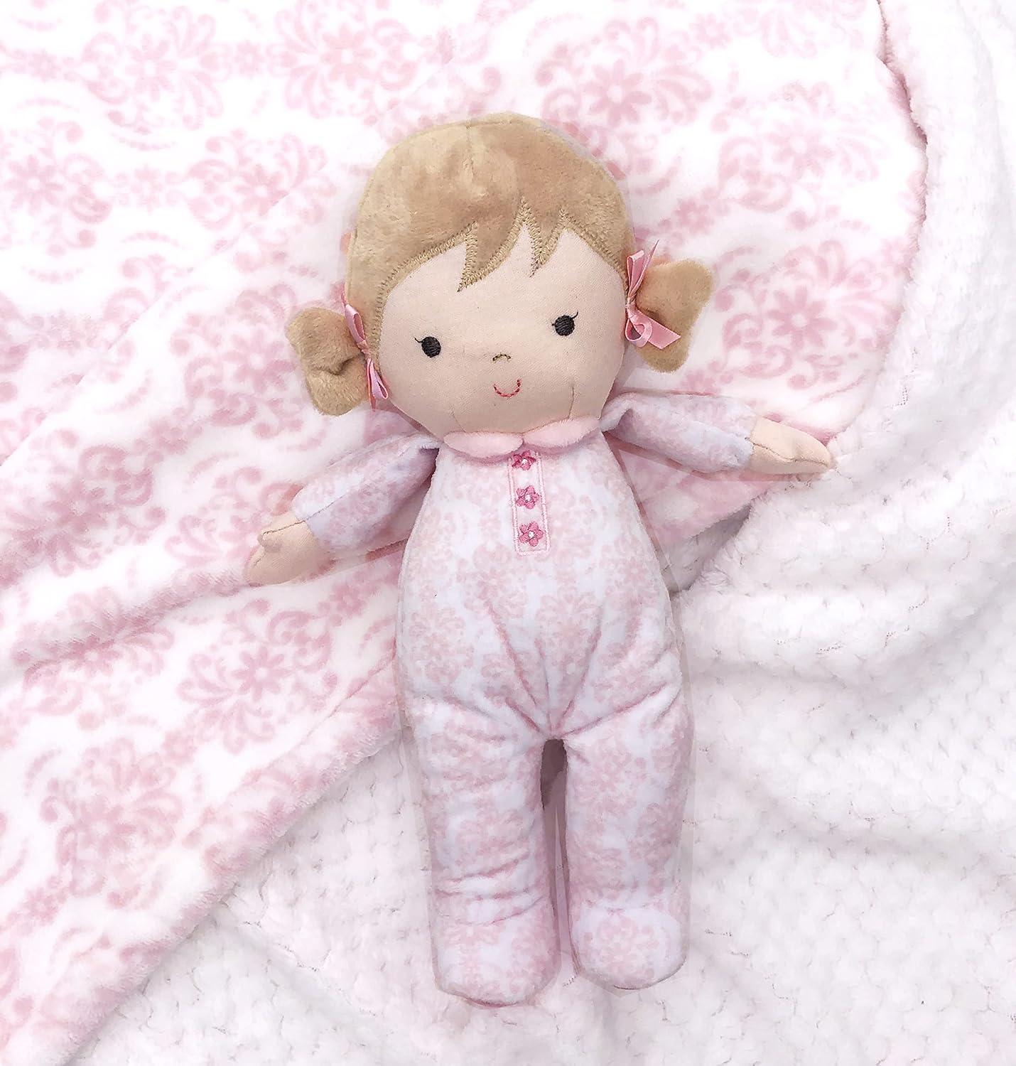 Little Me – Manta de felpa de 2 capas para bebé, 2 caras reversibles, 30 x 40 pulgadas (estampado de damasco rosa)