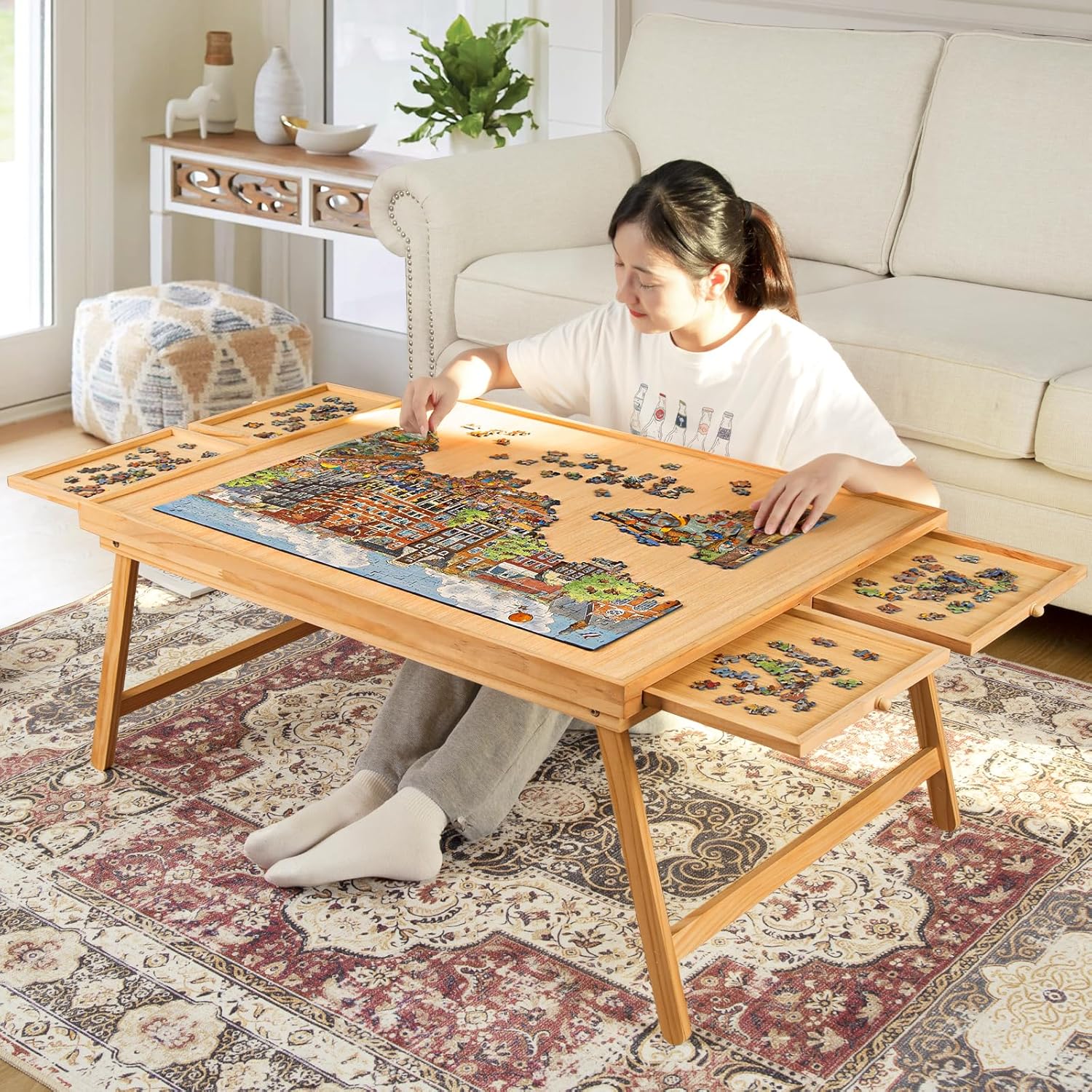 Mesa de rompecabezas portátil plegable de 1500 piezas con 4 cajones, tablero de rompecabezas de madera de 34 x 26 pulgadas con patas y cubierta