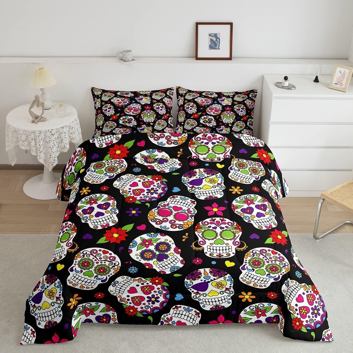 Juego de edredón de calavera de azúcar, tamaño King, juego de ropa de cama de 3 piezas con estampado de calavera humana, edredón de plumón con