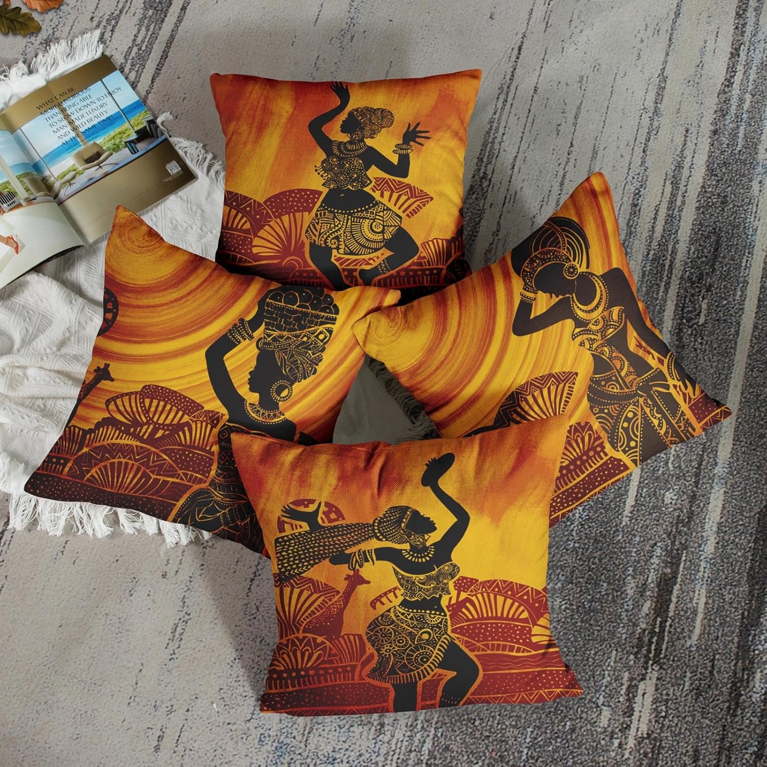 Sanwarm Juego de 4 fundas de almohada decorativas para decoración del hogar, para mujeres africanas, musicales, de 18 x 18 pulgadas, para