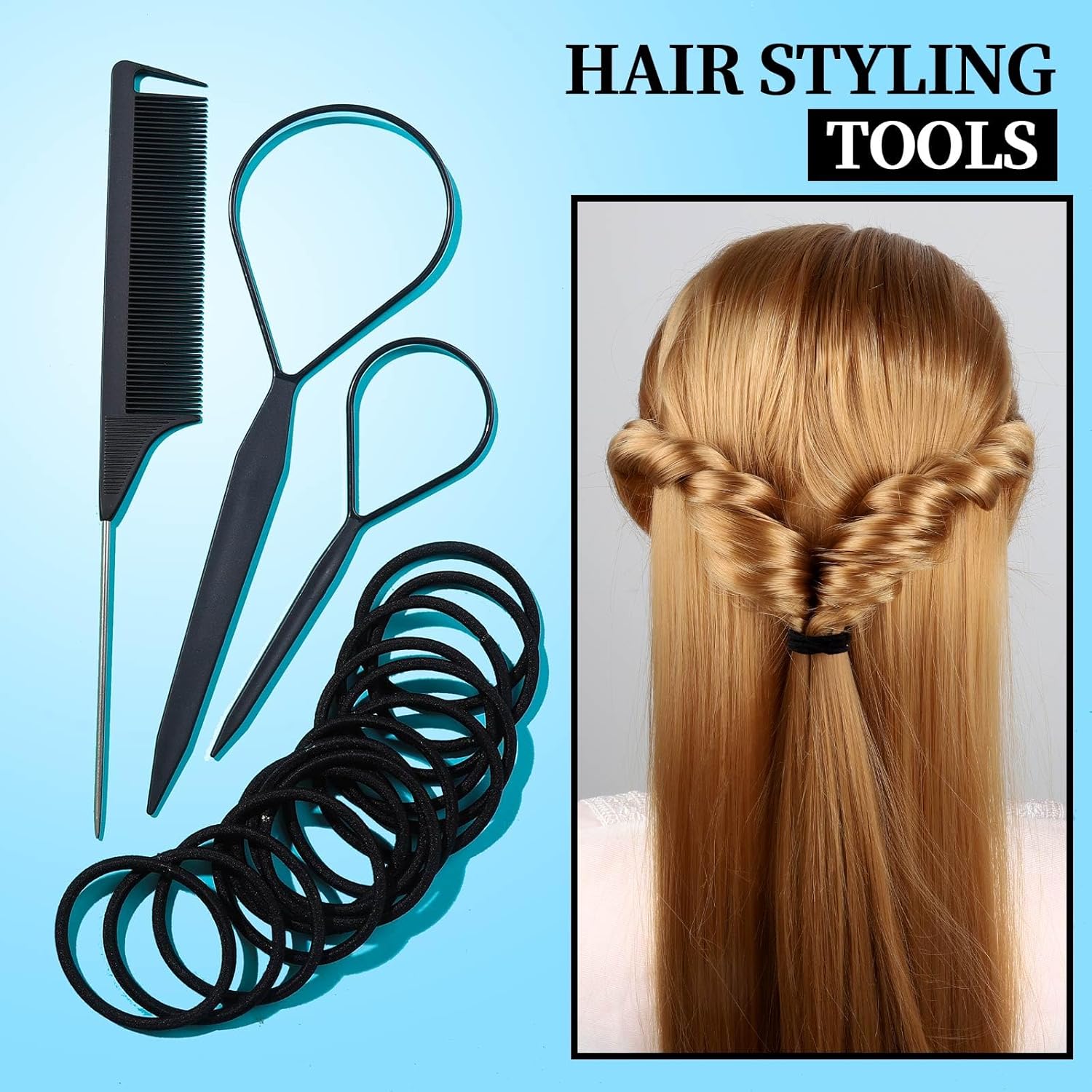 FANDAMEI Kit de lazos elásticos para el cabello, accesorios para el cabello para mujeres con bandas elásticas para el cabello, lazos negros para el