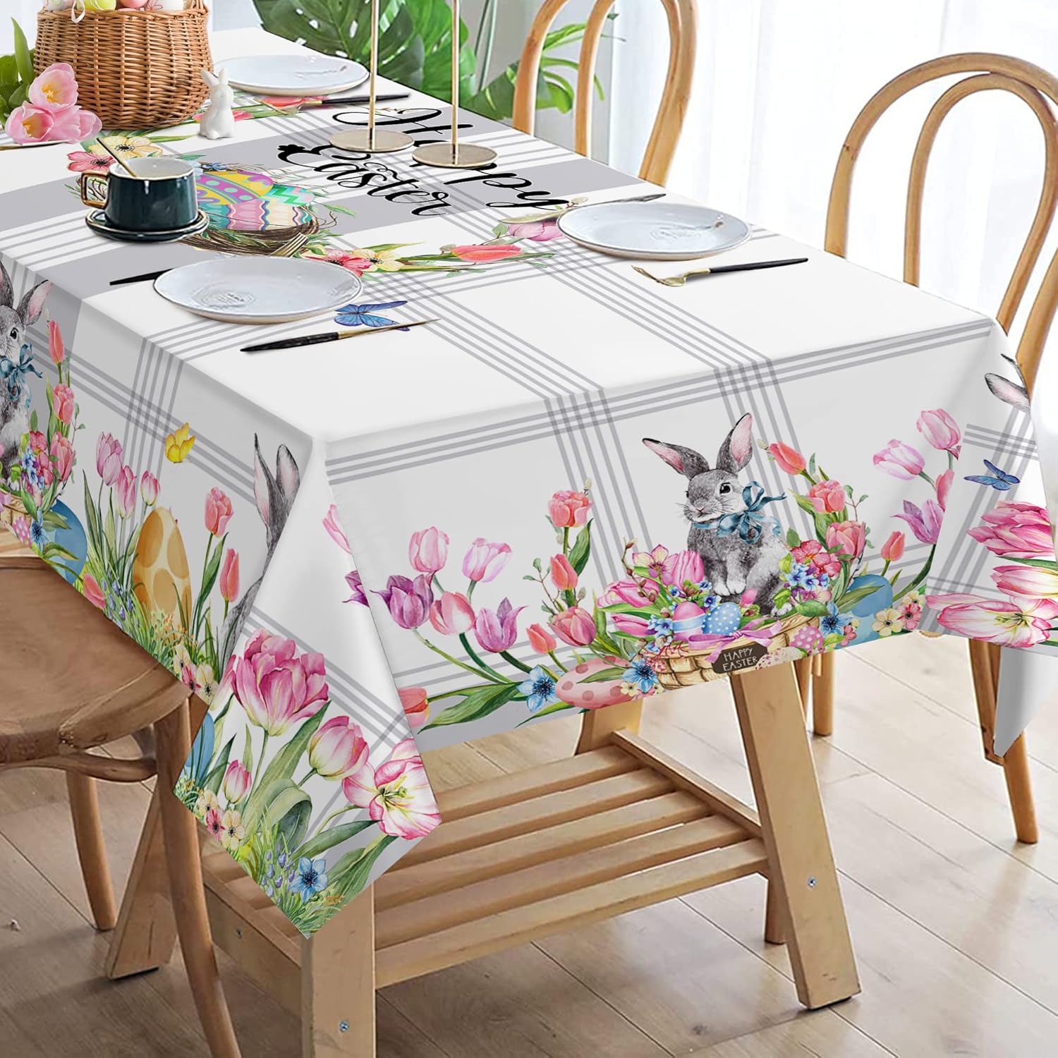 Hexagram Mantel de Pascua, mantel rectangular de 52 x 70 pulgadas, tela de primavera, decoración de conejito para cena, fiestas
