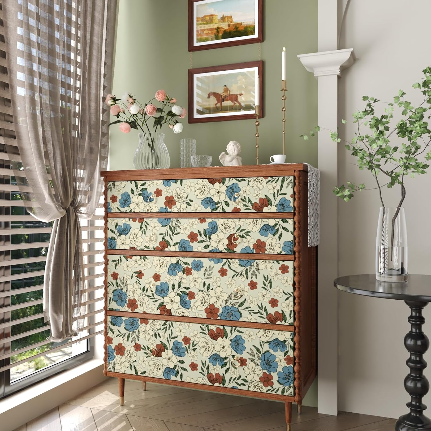 KIKitchen Papel tapiz floral vintage para despegar y pegar de 17.5 x 118 pulgadas, papel de contacto de flores, papel tapiz extraíble autoadhesivo,