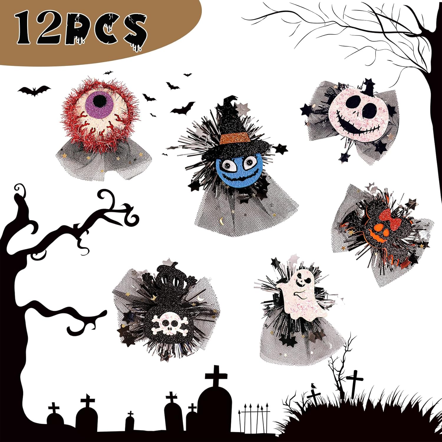 12 pinzas para el cabello de dibujos animados de Halloween, calabaza, fantasma, murciélago, bruja, sombrero de calavera, pasadores, pinzas de