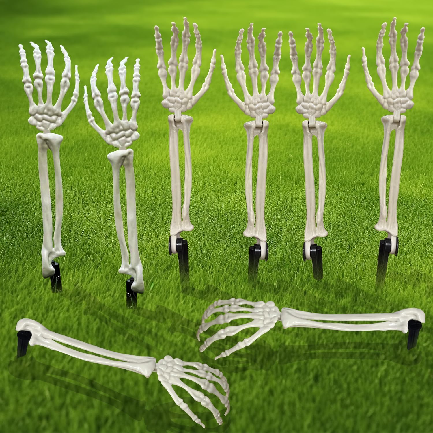 8 estacas de esqueleto de aspecto realista, manos esqueléticas de plástico divididas, brazos zombi de Halloween, estacas de césped para decoración