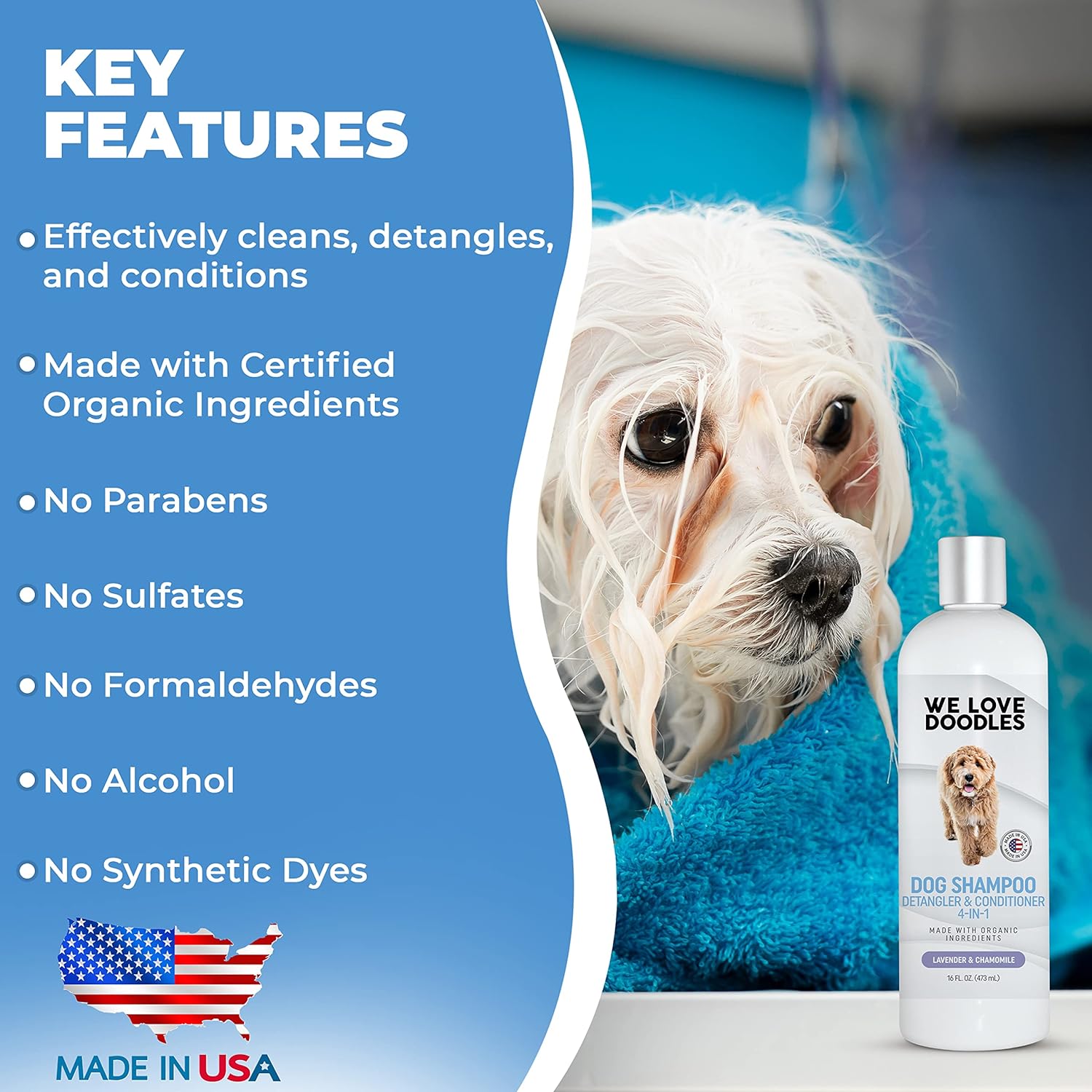 We Love Doodles Juego combinado de champú y desenredante en aerosol 4 en 1 para perros, fabricado en Estados Unidos, ingredientes orgánicos, kit de