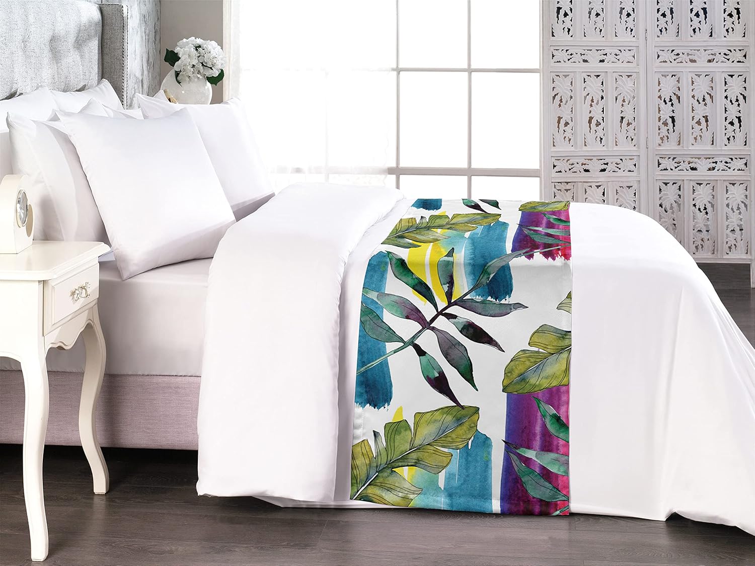 Ambesonne Camino de cama con estampado de hojas, hojas de acuarela en pinceladas, acuarela botánica moderna, bufanda decorativa para hoteles,