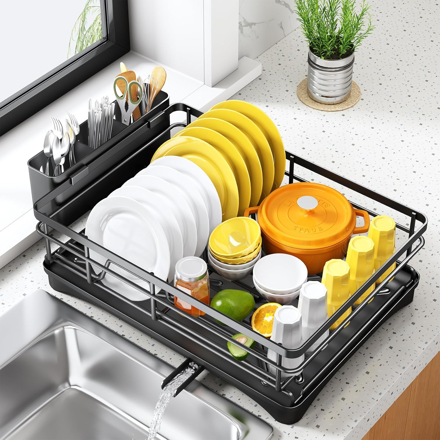 Escurridor de platos para encimera de cocina, escurridor grande con escurridor, escurridor de platos inoxidable con soporte para utensilios para