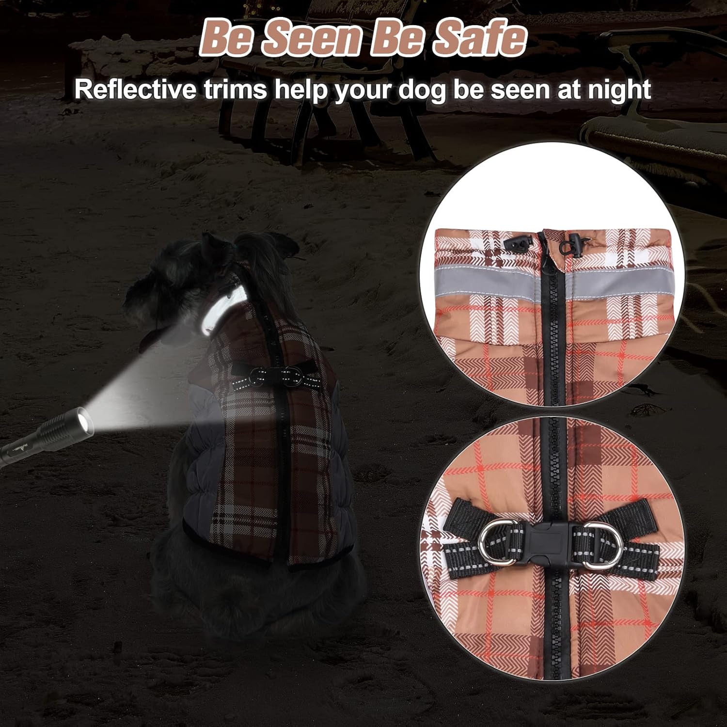 BEAUTYZOO Abrigo de invierno a cuadros para perro, chaqueta reflectante mejorada para perro, forro polar acolchado con arnés integrado, ropa