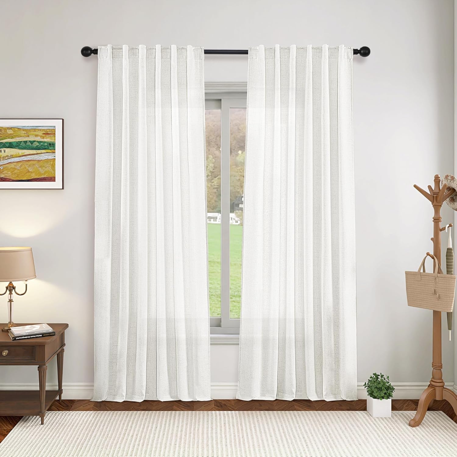 Cortinas de lino con pestaña trasera de 96 pulgadas de largo para sala de estar, cortinas semitransparentes para privacidad para dormitorio,