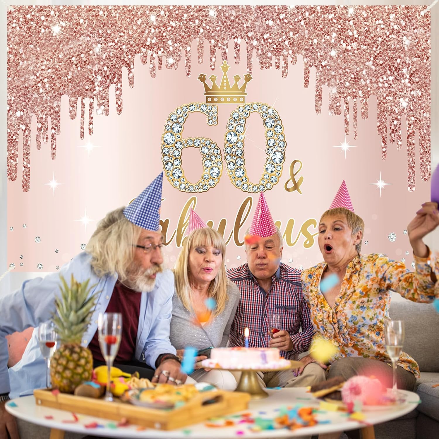 Cartel de 60 cumpleaños de oro rosa para mujer, decoración de fiesta de cumpleaños de 60 años para mujer, pancarta de oro rosa rosa de 60 y fabuloso