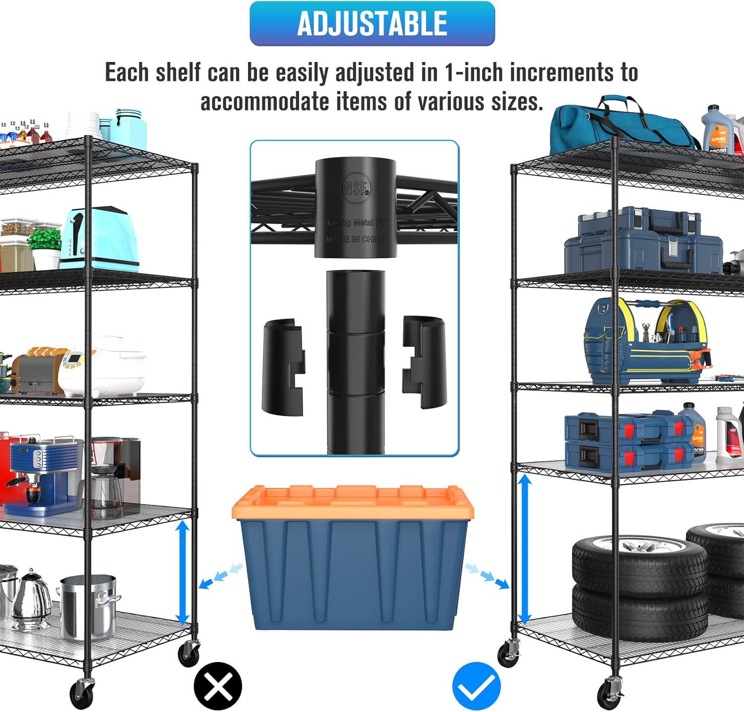 Estantería de alambre NSF de 5 niveles, 24 x 60 x 82 pulgadas, capacidad de 7500 libras, estante de metal de almacenamiento ajustable resistente con