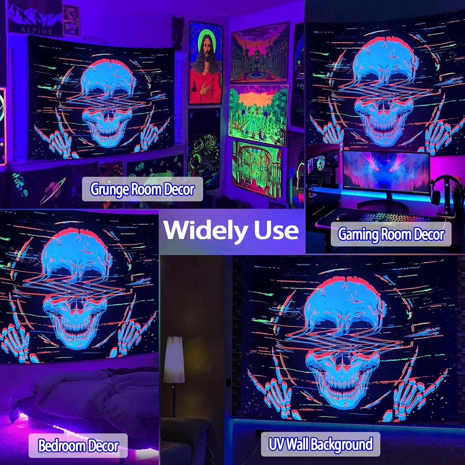 Faxdong Tapiz de calavera con luz negra, tapiz de esqueleto hippie reactivo a los rayos UV, tapiz de roca y rollo para decoración de dormitorio, 36