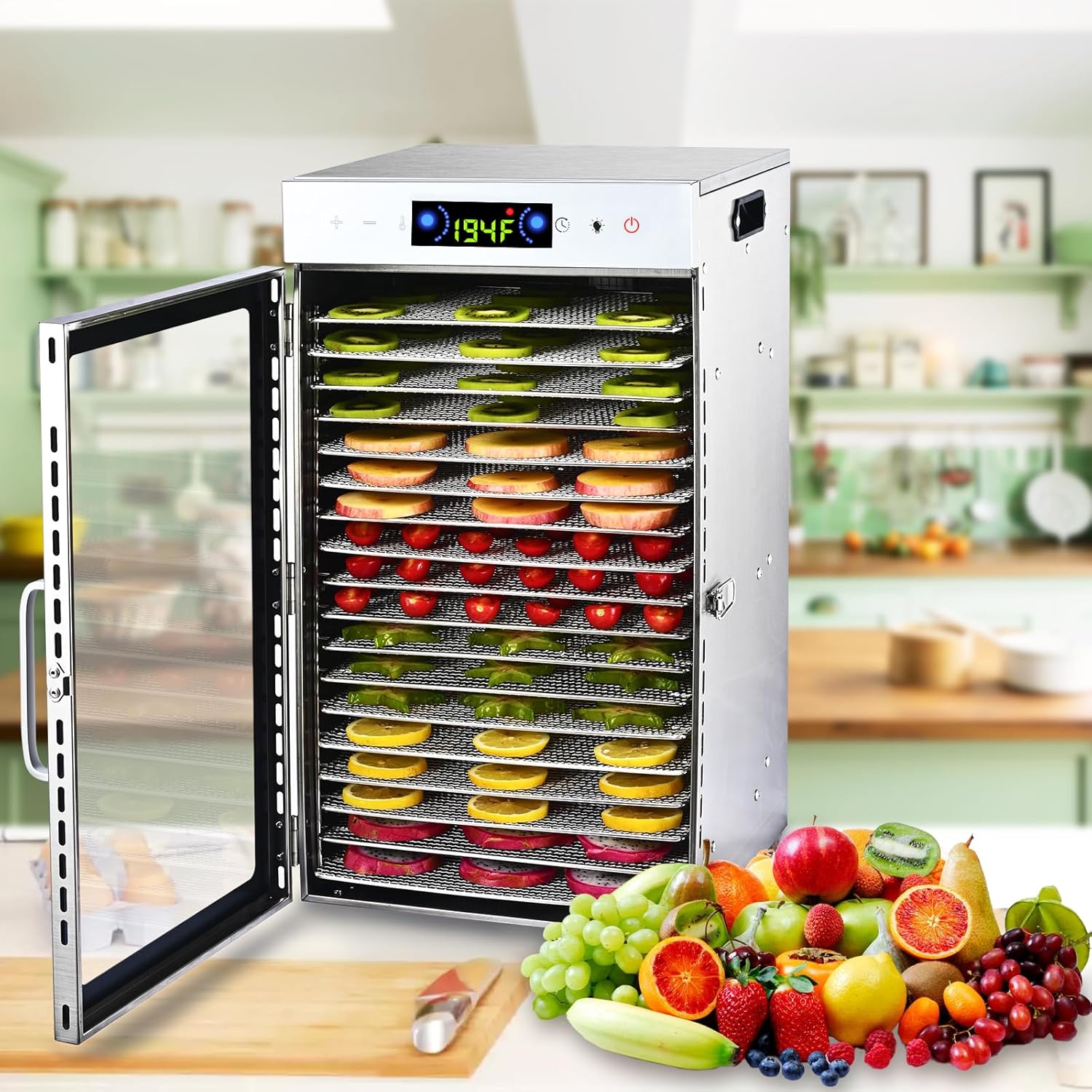 Deshidratador de alimentos 18 bandejas de acero inoxidable, máquina secadora de alimentos para carne seca de res, carne, verduras y frutas, con