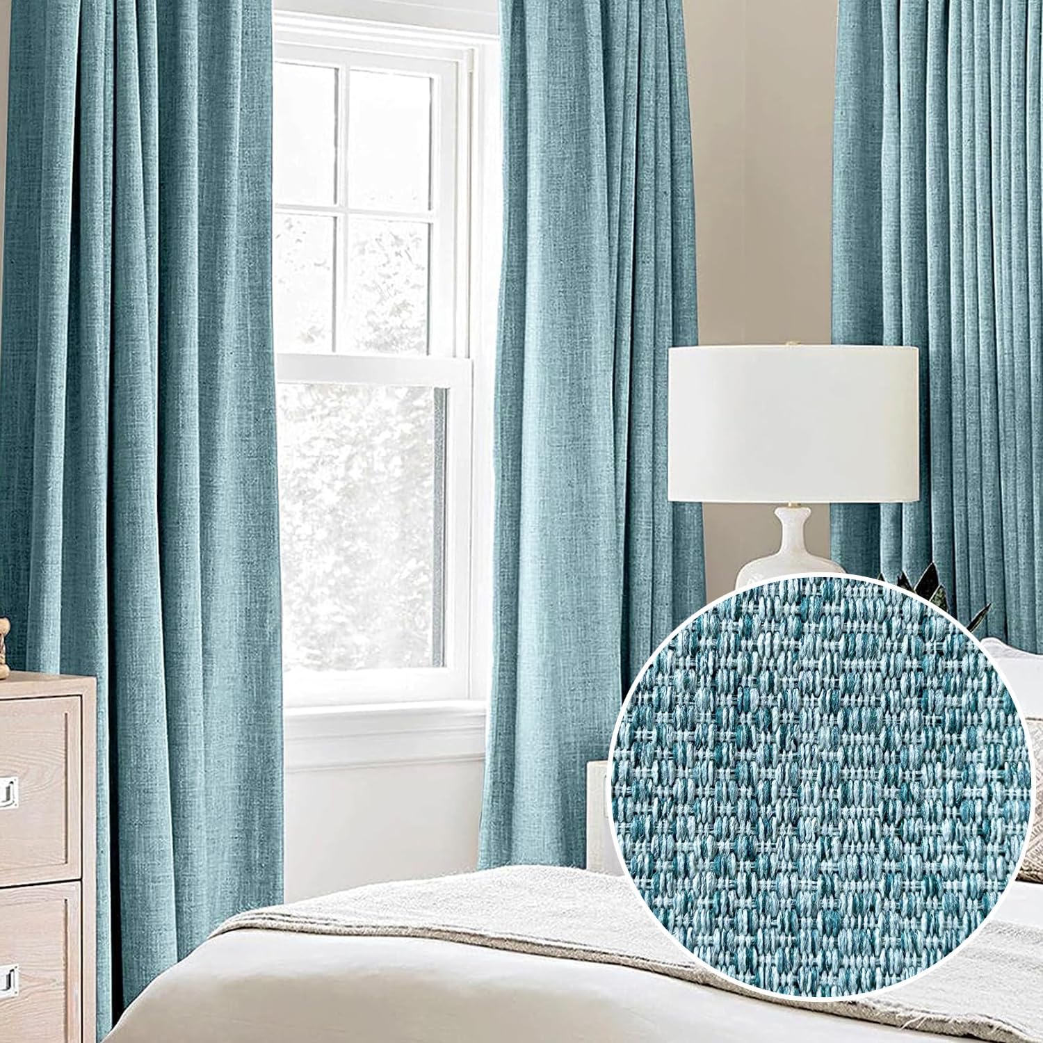 Cortinas de lino opacas completas para dormitorio, color azul aguamarina, arpillera retro de lino texturizado, tratamiento de ventana, bloqueo de