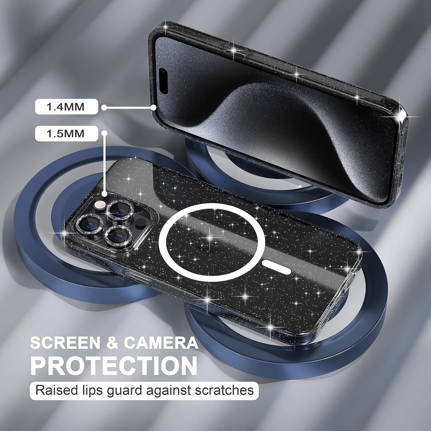Choiche Funda magnética para iPhone 15 Pro Max, funda transparente con purpurina brillante para mujer, 3 protectores de lente de cámara con