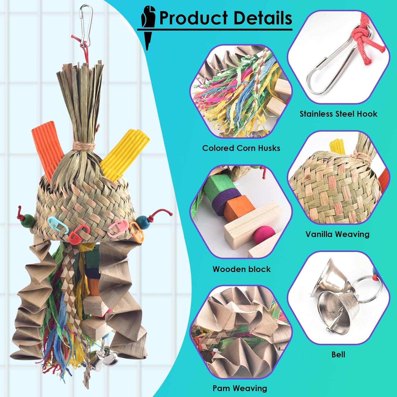 Bissap Juguetes para masticar pájaros, periquito tejido natural palmera frágil, juguetes para triturar loro colgante jaula juguete para loros,