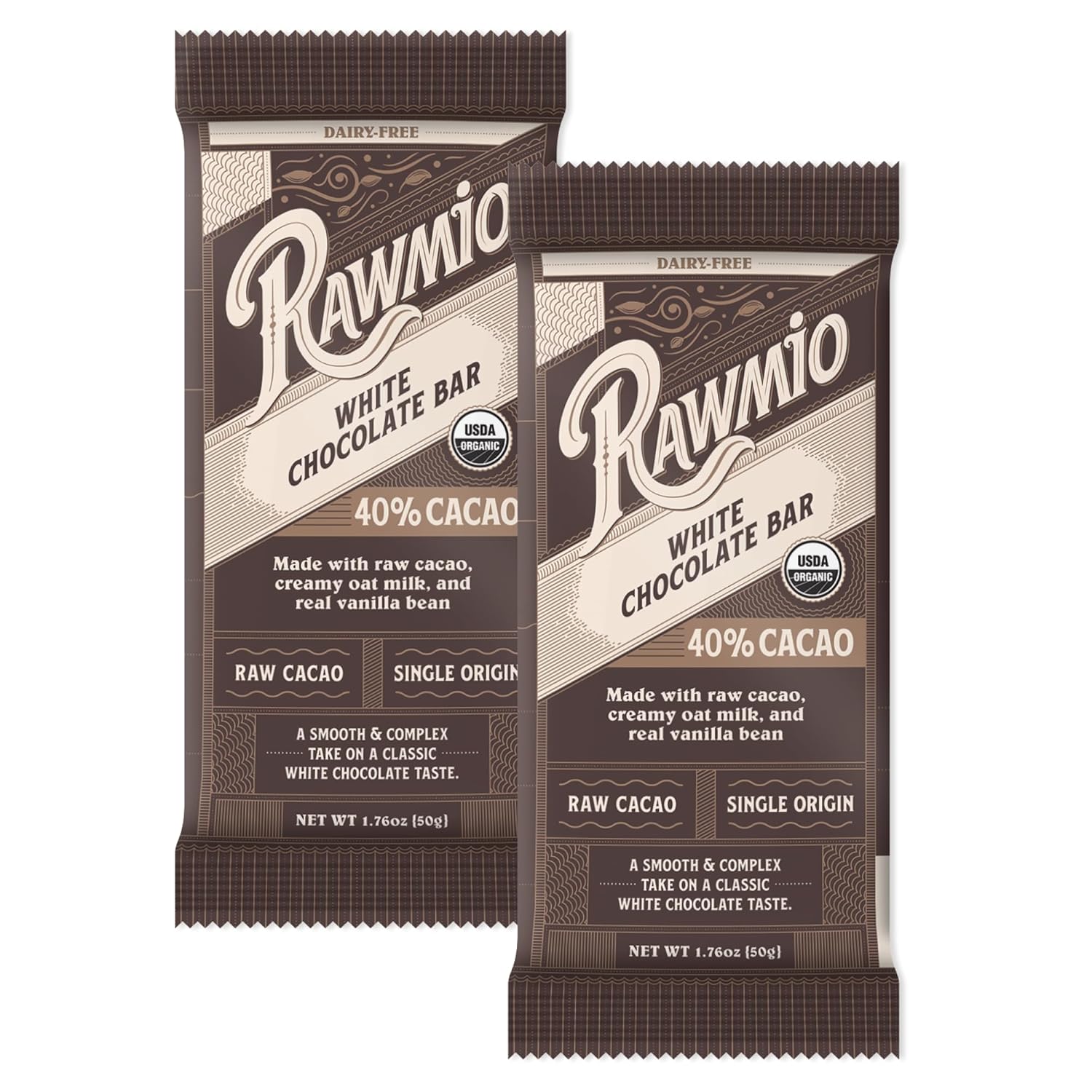 Rawmio Barra de chocolate blanco premium, orgánico, crudo, sin gluten, 40% cacao, paquete de 2, 1.76 onzas