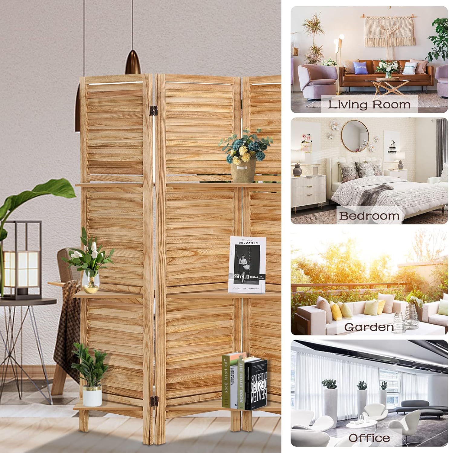 Babion Divisor de habitación con estantes, separadores de habitación de 5.6 pies, 4 paneles, separadores de habitación de madera y pantallas