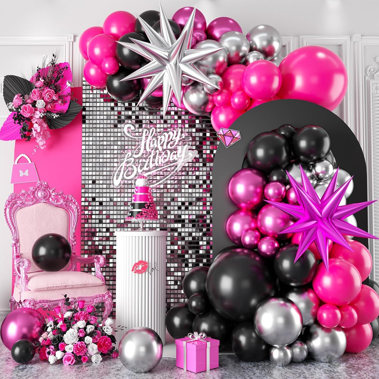 Kit de arco de guirnalda de globos negros y rosados, arco de globos de color rosa intenso y plateado con globos de estrella para niñas, cumpleaños,